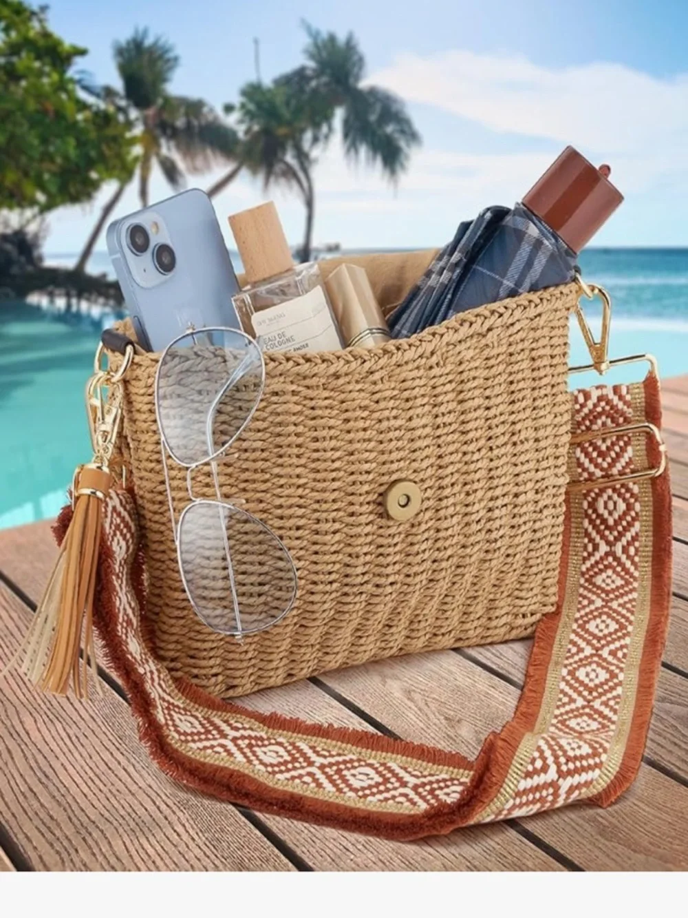 Women's Straw Braided Crossbody Bag in Natural with Patterned Strap - Picture 4 of 7